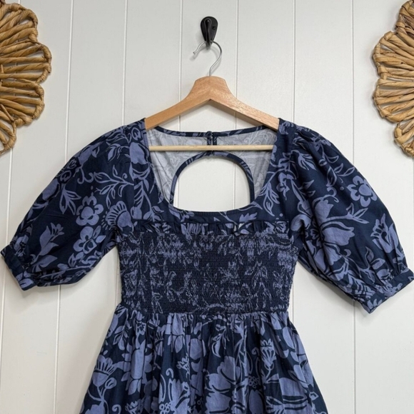 Free People Navy Floral Mini Dress W/ Puff Sleeves Smocked Bodice& Heart Buttons - Picture 8 of 13